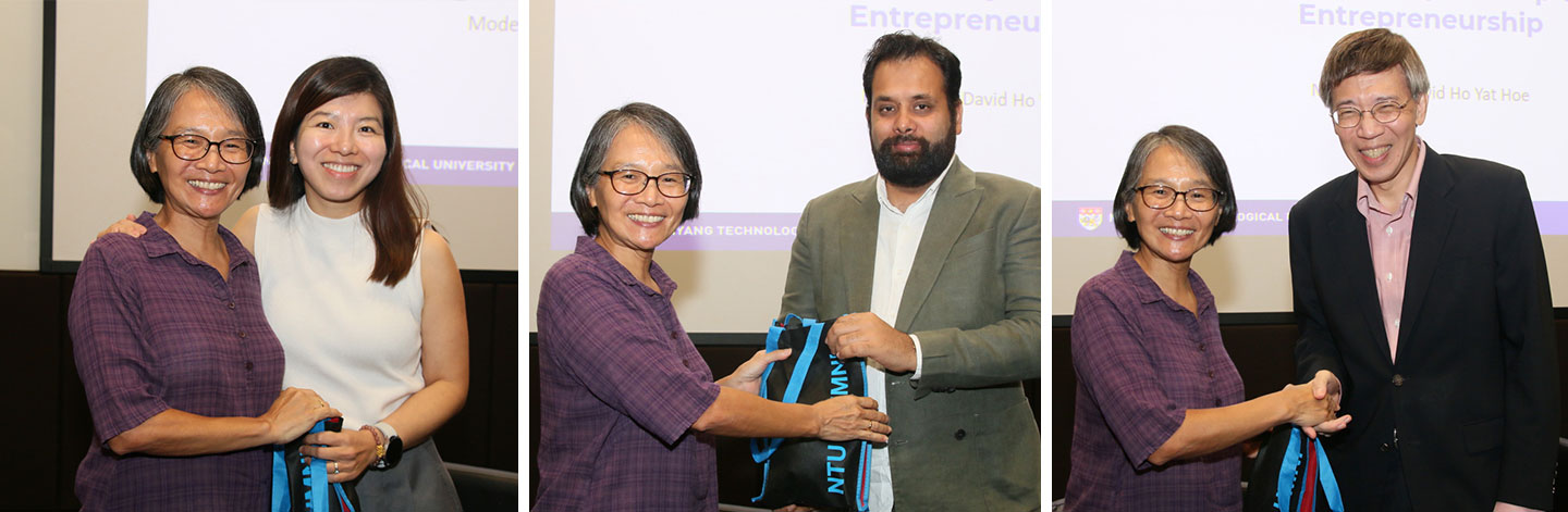 Photo of 3 Alumni was presented token of appreciation from CCDS Associate Dean, Student Affairs & Alumni Engagement.