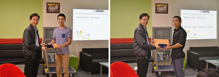 SCSE Associate Chair (Academic), Prof Nicolas Vun presents a token and certificate to the Best Peer Tutor, Ma Yu Qian (CS, Year 3) and Best Peer Coach, Sebastian Li Jun Nan (CS, Class of 2018).