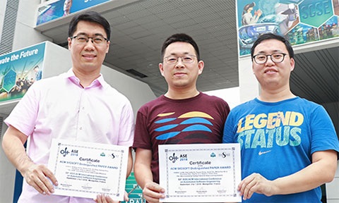 A research team led by A/P Liu Yang (left) from the Cyber Security Lab received two ACM Distinguished Paper Awards at the 33rd IEEE/ACM International Conference on Automated Software Engineering, 3-7 September 2018.