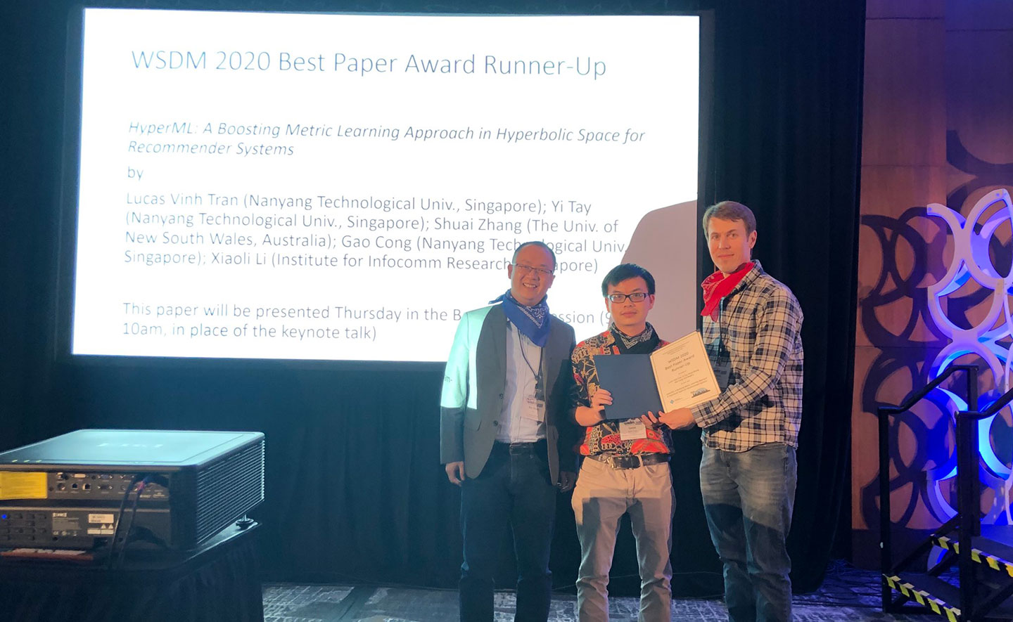 SCSE PhD student, Lucas Vinh Tran received the award certificate from the General Chairs of WSDM 2020, Prof James Caverlee (Texas A&M University) and Prof Xia Hu, Ben (Texas A&M University) in Houston, Texas.