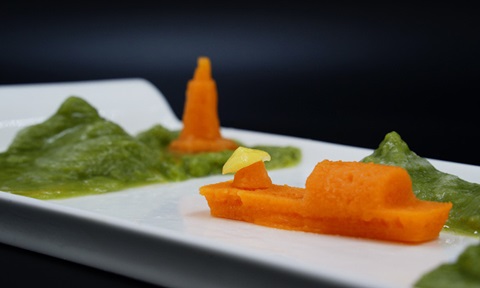 Creation of a colourful boat and mountain landscape using 3D printed "food inks" made out of carrots and peas