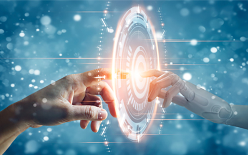 A hand touching a hologram of a spherical, futuristic-looking object