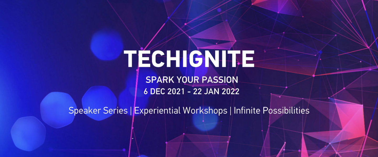 TechIgnite event details against an abstract background