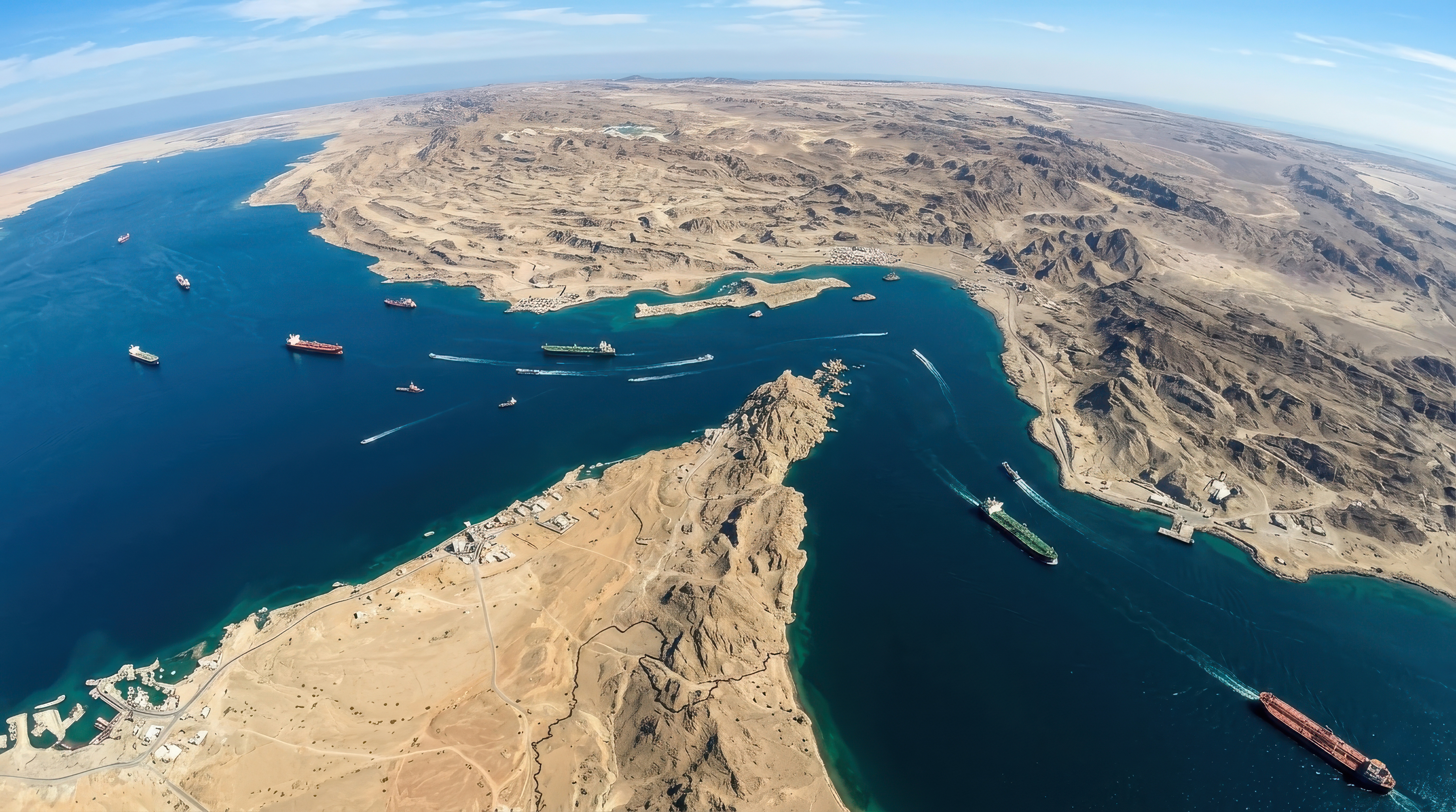 High angle satellite view of the Strait of Hormuz