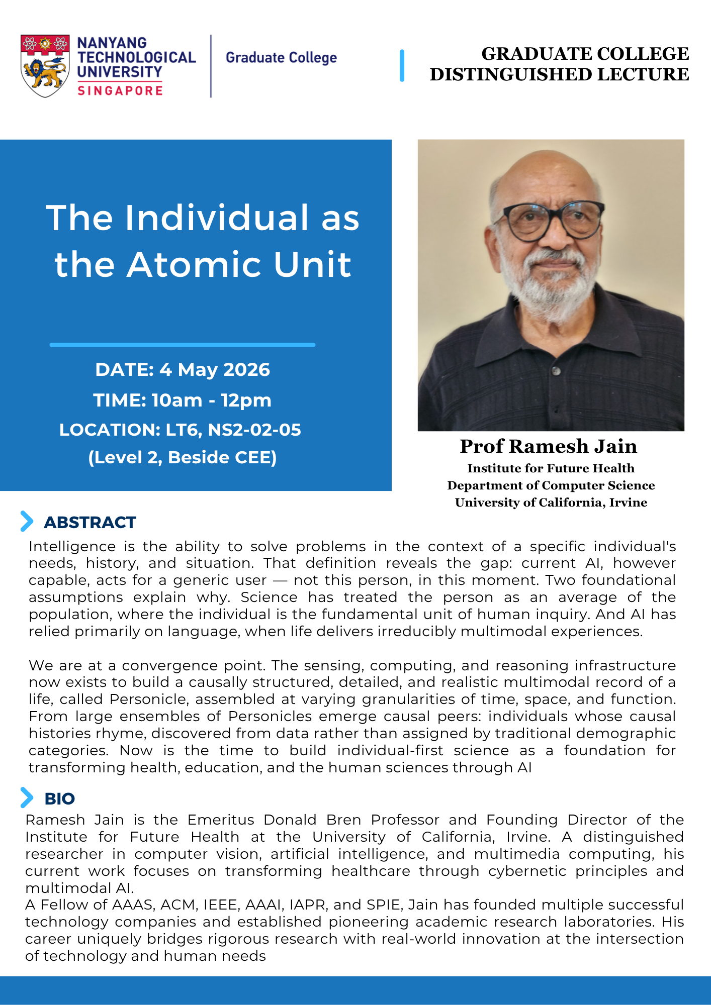 Distinguished Lecture by Prof Ramesh Jain on 'The Individual as the Atomic Unit'