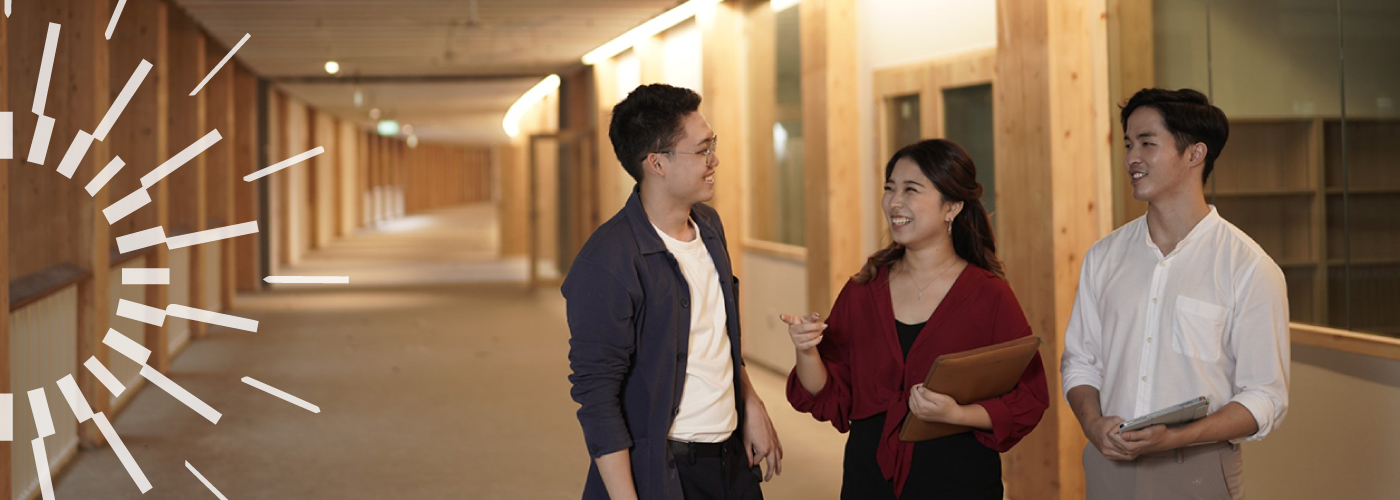 NBS Gaia Campus Showcasing Three Students Interacting