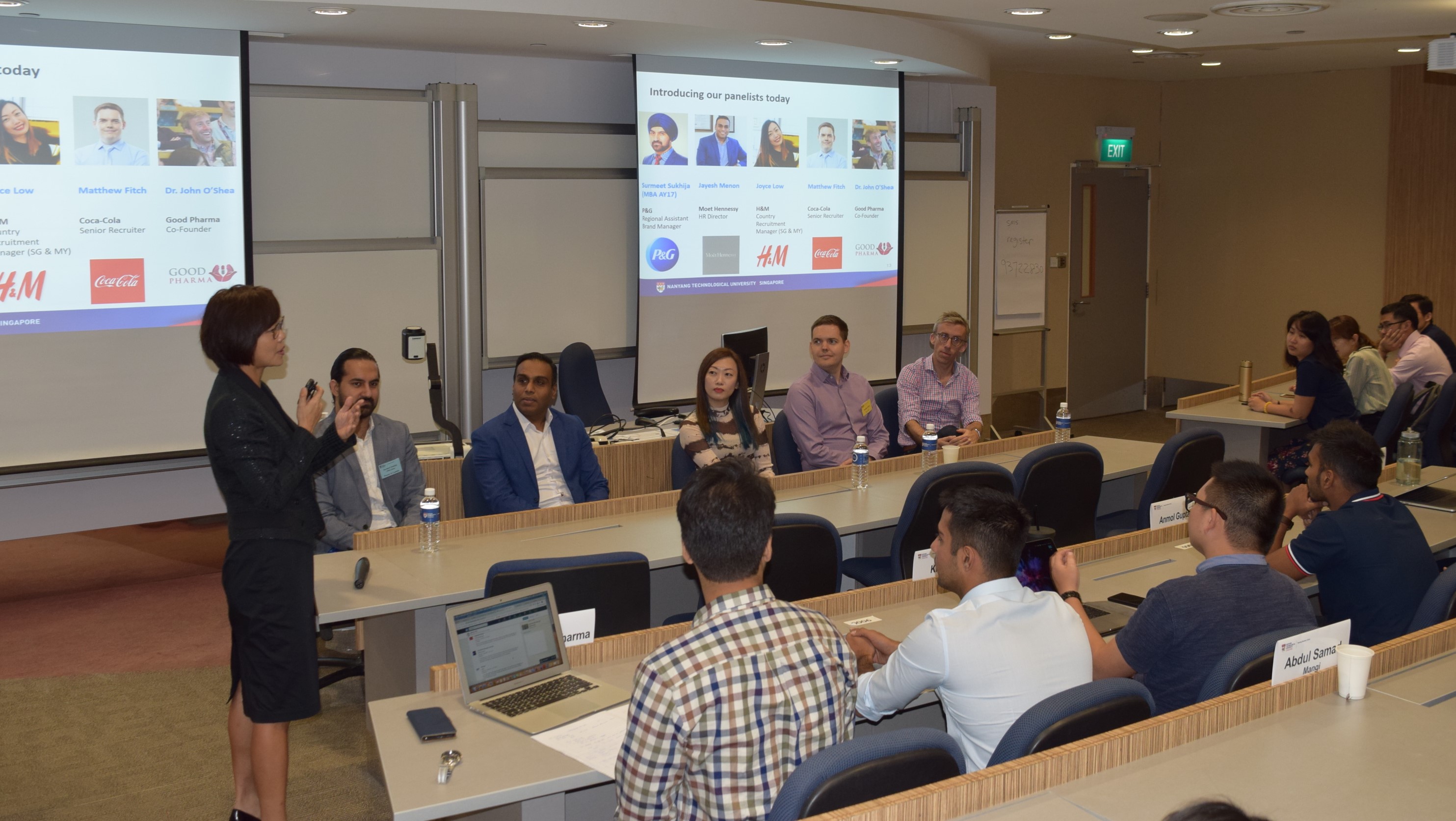 Students at a Career Services talk featuring employers from the consulting industry.