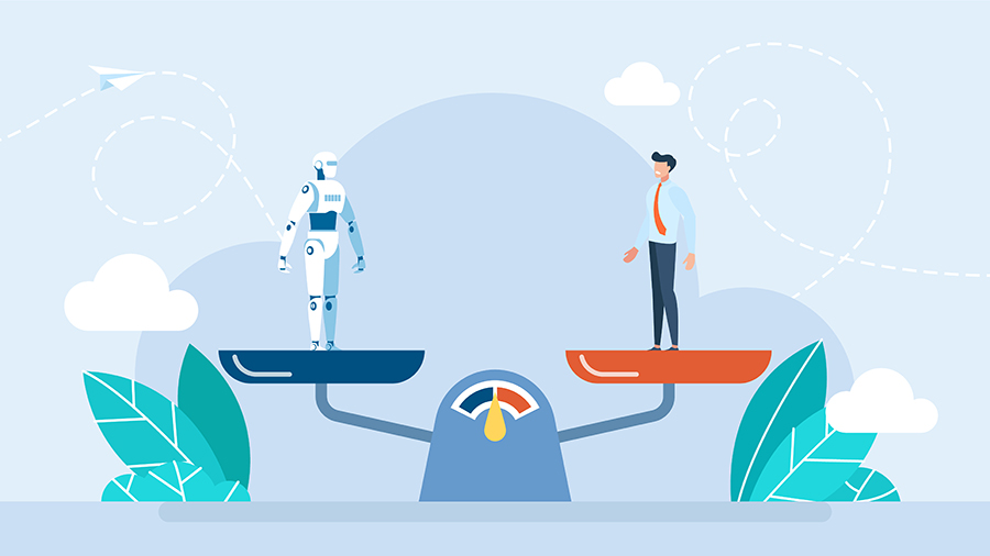 Robot and a man standing on a balanced scale
