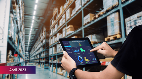 Warehouse management software on tablet with April 2023 label on image