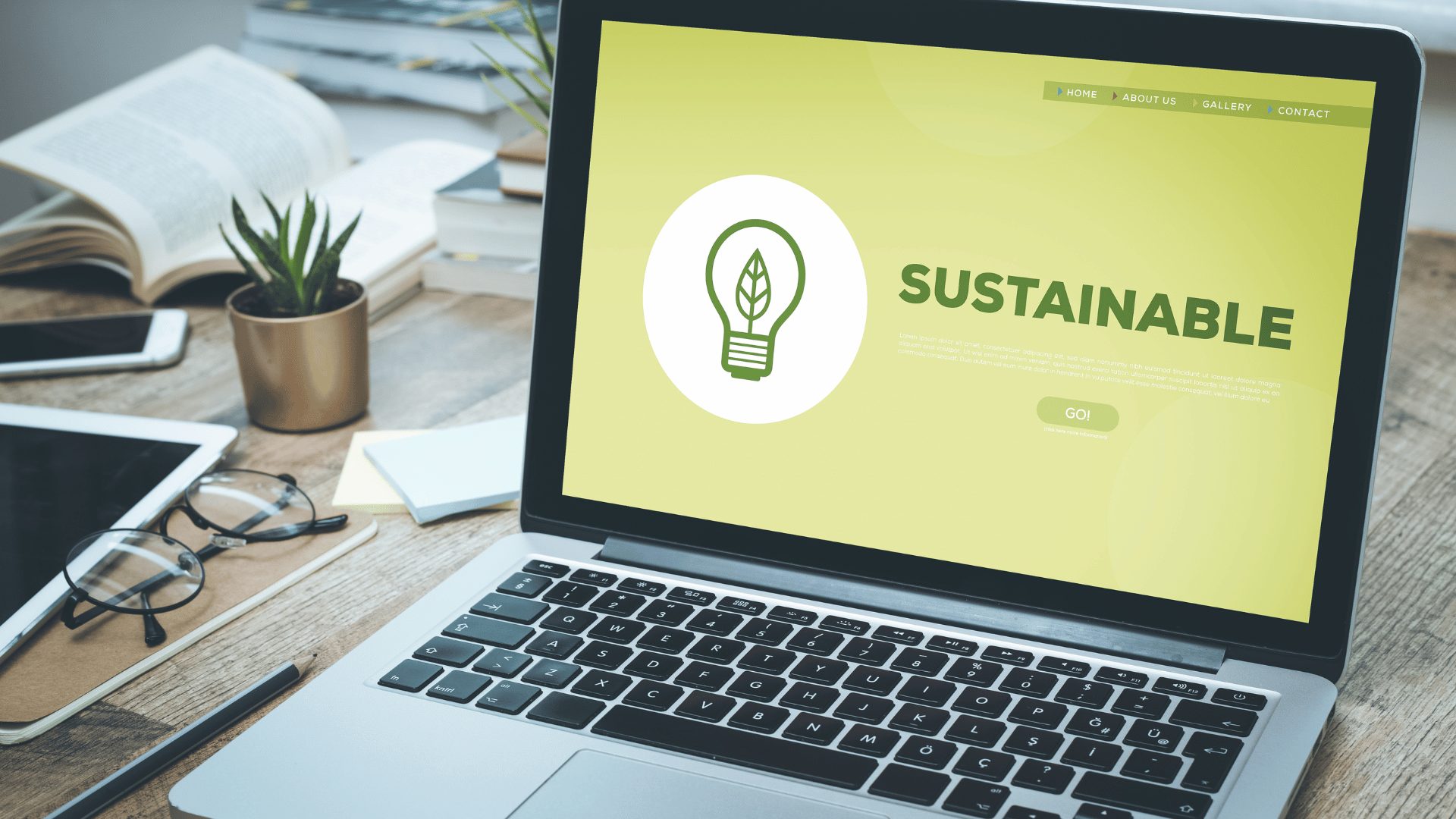Sustainable text in green showing on a laptop