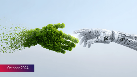 A green hand made of leaves reaching out to shake a robotic hand with the text October 2024 on bottom left of image