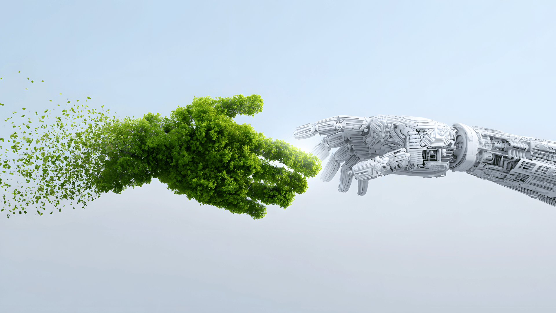 A green hand made of leaves reaching out to shake a robotic hand