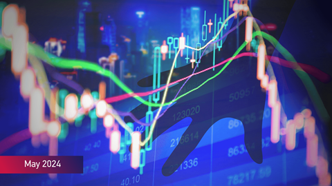 Market manipulation illustrated with a hand in the background and stock charts in the foreground with May 2024 text on bottom left