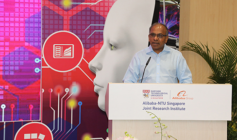 NTU President Prof Subra Suresh deliver her speech on stage during the launch ceremony