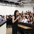 Female speaker, Ms Sharon Au, shares her entrepreneurship journey with students during forum